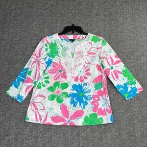 Talbots Petite XS Pink White Tropical Floral Tunic Shirt